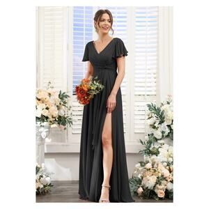 Lavetir Long‎ Chiffon Bridesmaid Slit Leg Dress 2 Black